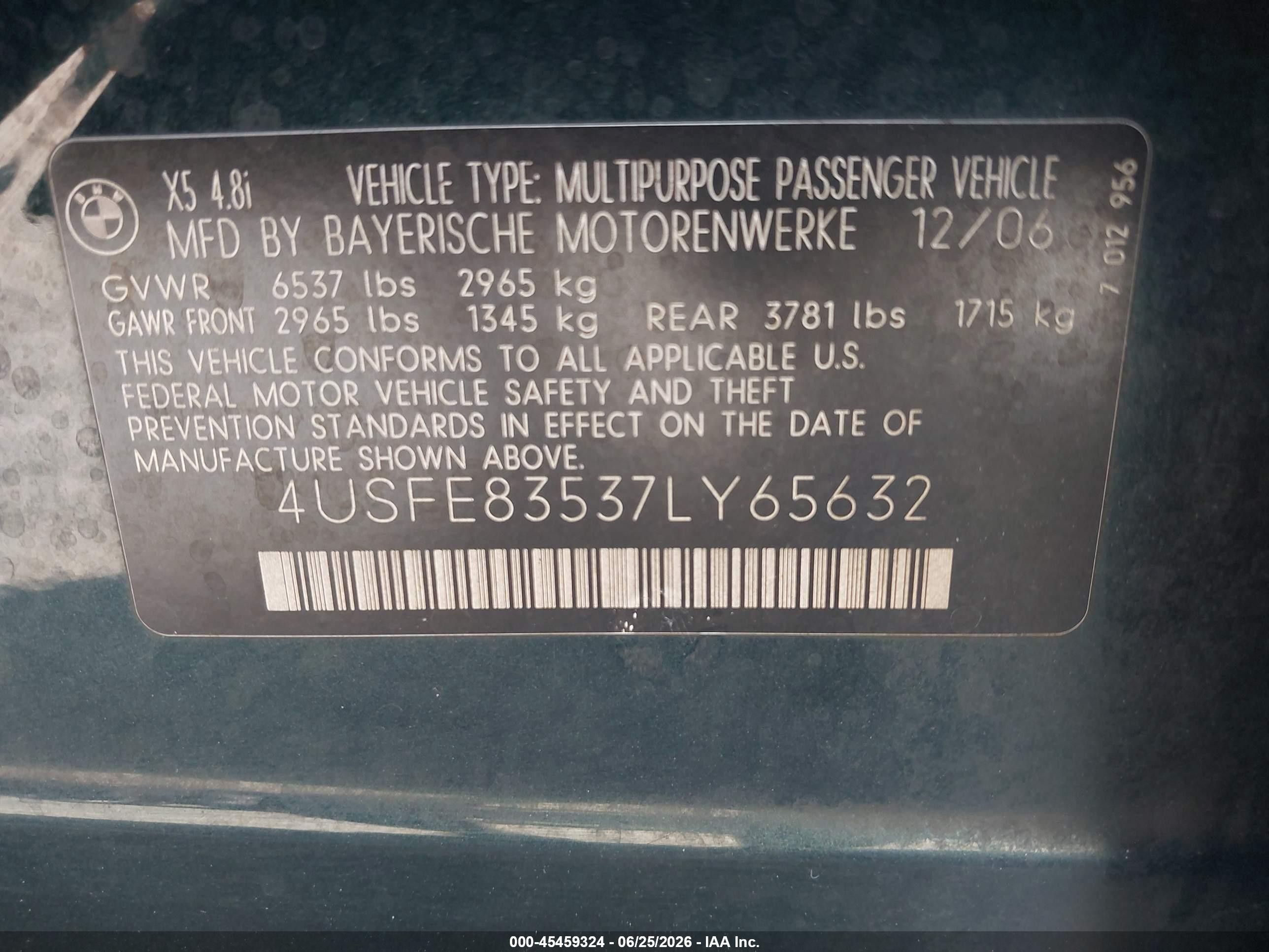 2007 Bmw X5 4.8i Зеленый vin: 4USFE83537LY65632