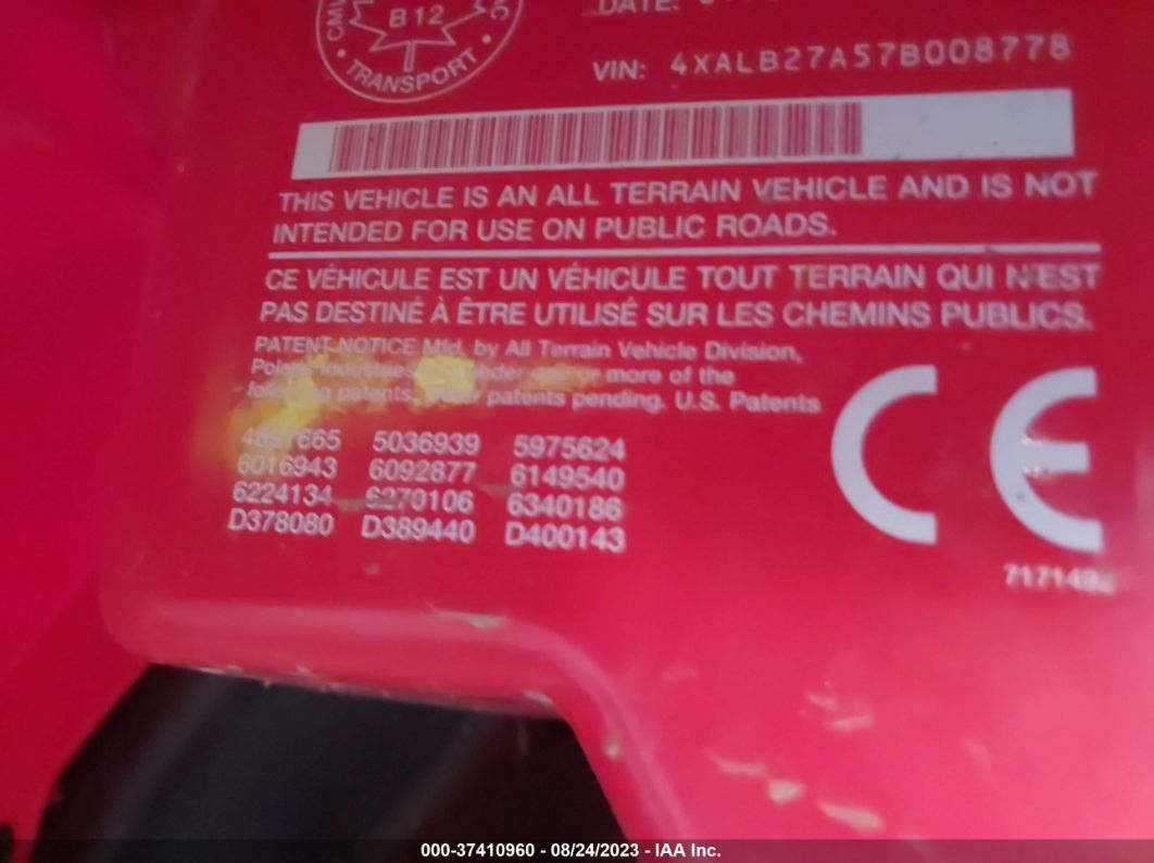 2007 Polaris Hawkeye Red vin: 4XALB27A57B008778