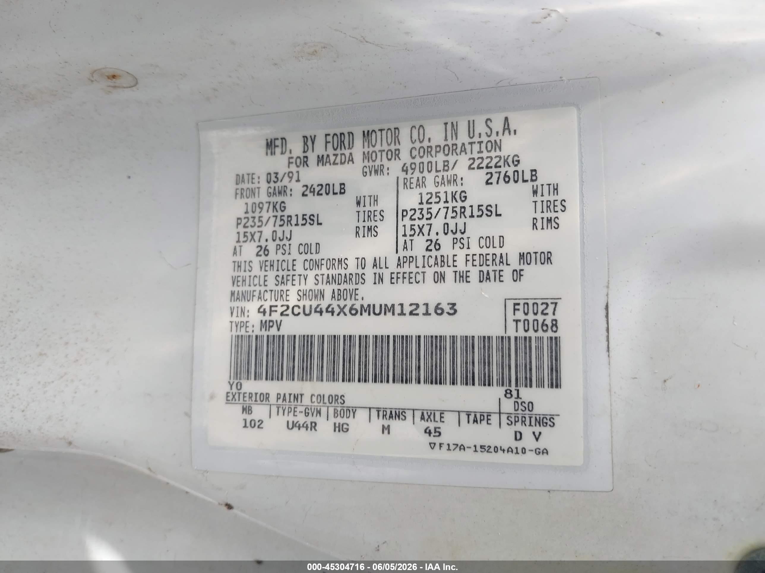 1991 Mazda Navajo Lx White vin: 4f2cu44x6mum12163