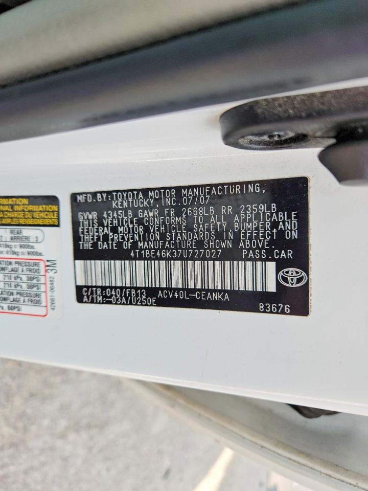 2007 Toyota Camry Le White vin: 4T1BE46K37U727027