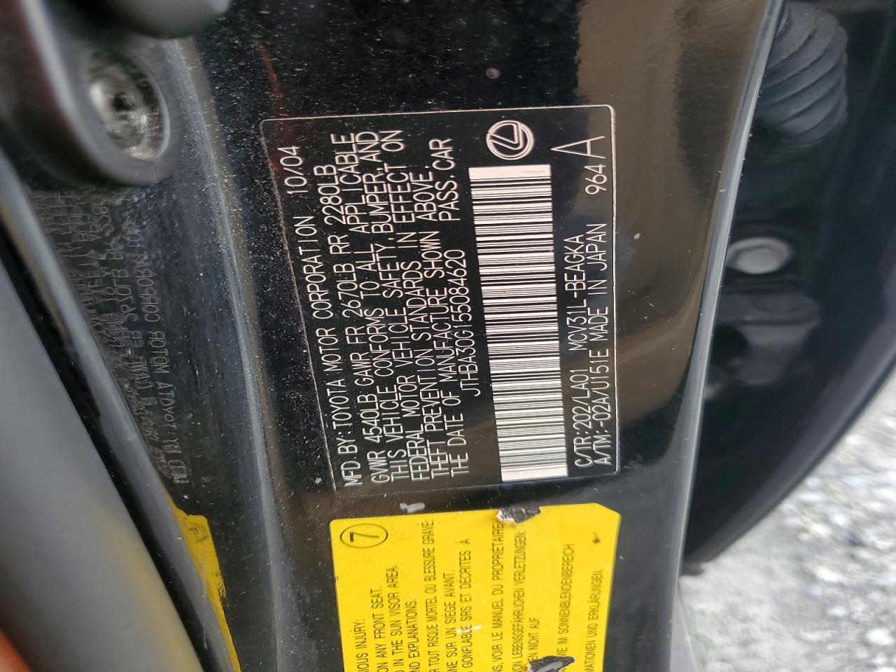 2005 Lexus Es 330 Black vin: JTHBA30G155084620