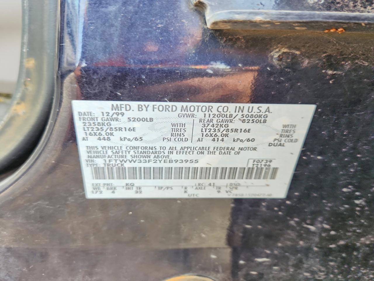2000 Ford F350 Super Duty Blue vin: 1FTWW33F2YEB93955