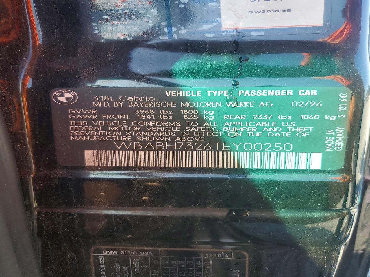 1996 Bmw 318 Ic Black vin: WBABH7326TEY00250