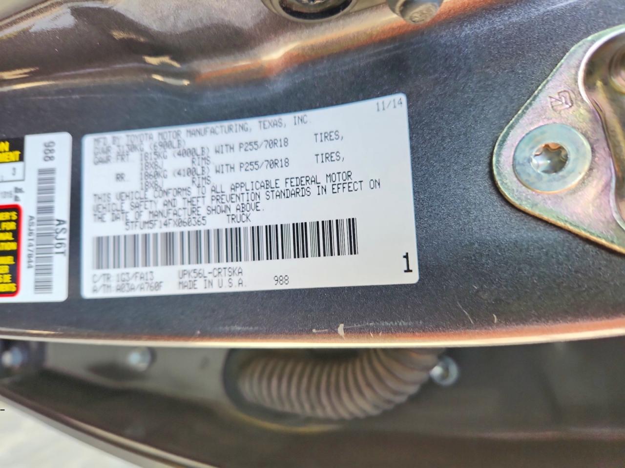 2015 Toyota Tundra Sr Серый vin: 5TFUM5F14FX060365