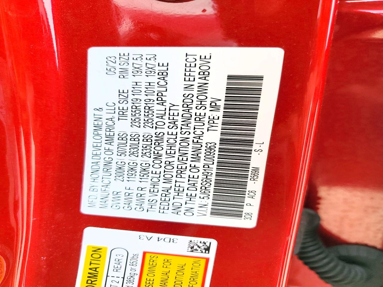 2023 Honda Cr-v Sport Touring Red vin: 5J6RS6H91PL009963