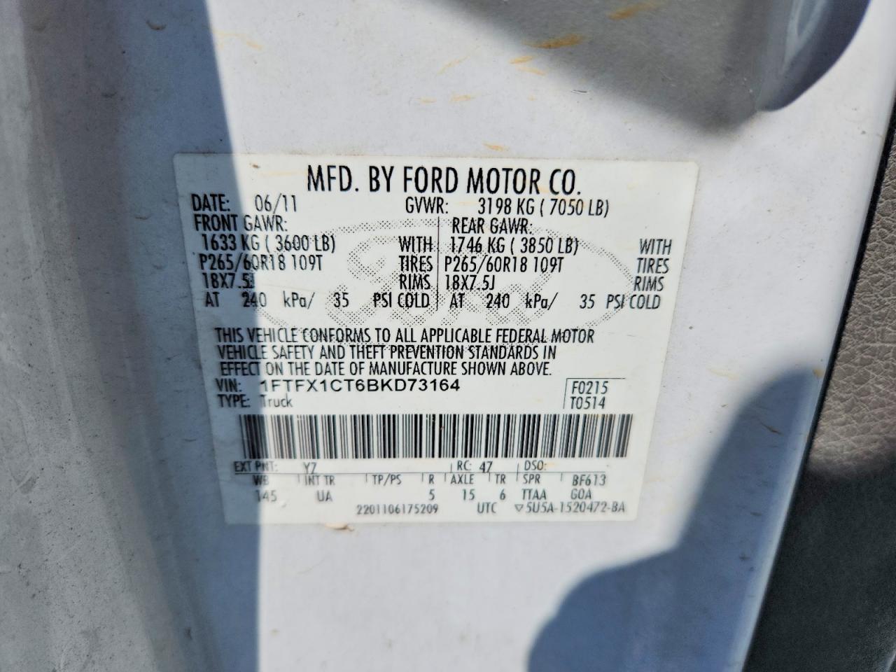 2011 Ford F150 Super Cab White vin: 1FTFX1CT6BKD73164