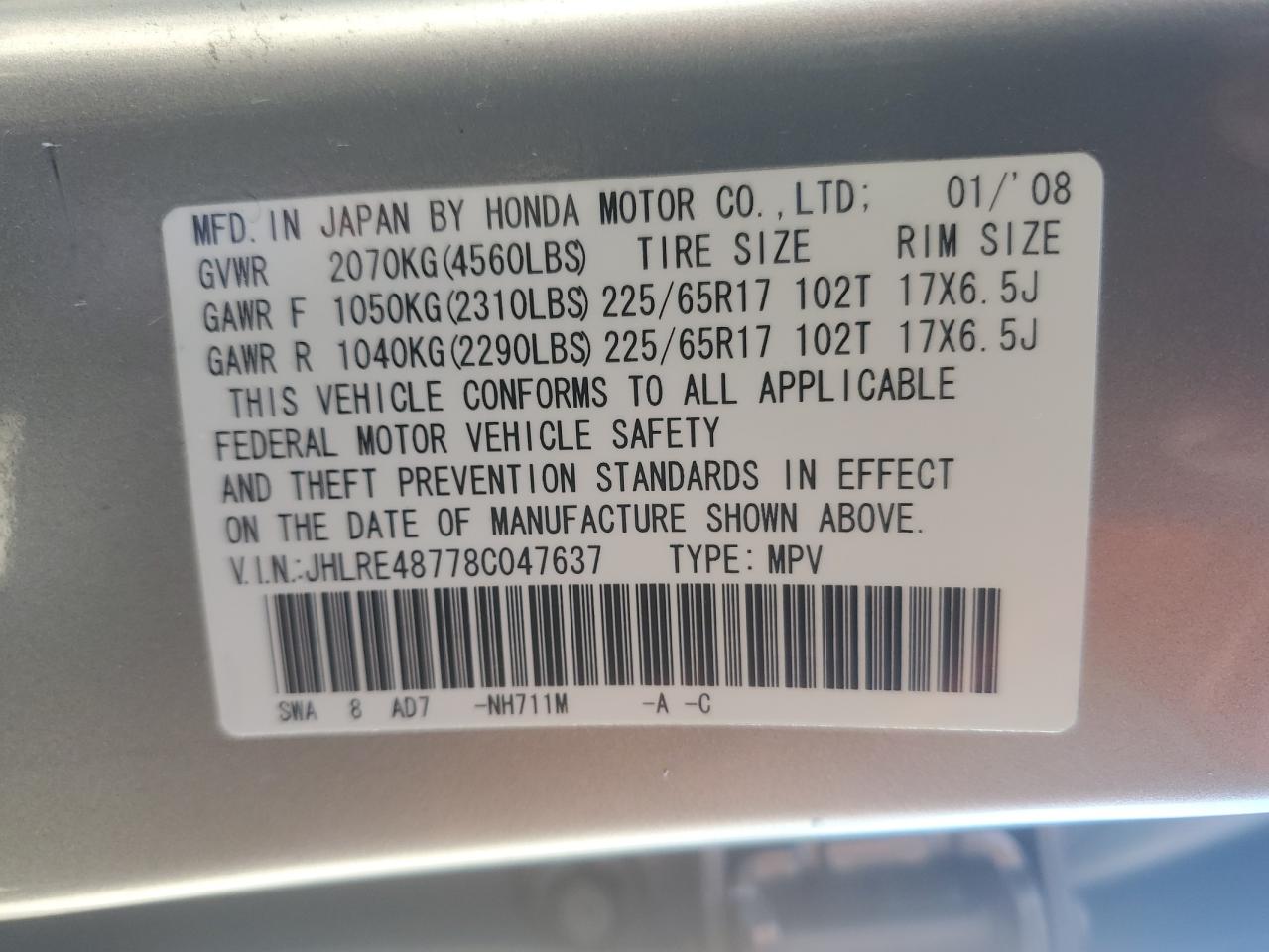 2008 Honda Cr-v Exl Silver vin: JHLRE48778C047637