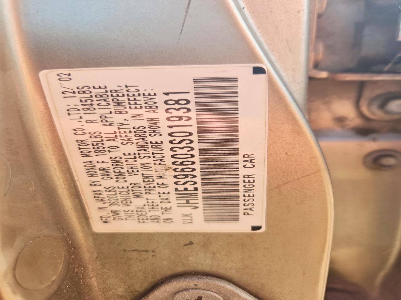 2003 Honda Civic Hybrid Gray vin: JHMES96603S019381