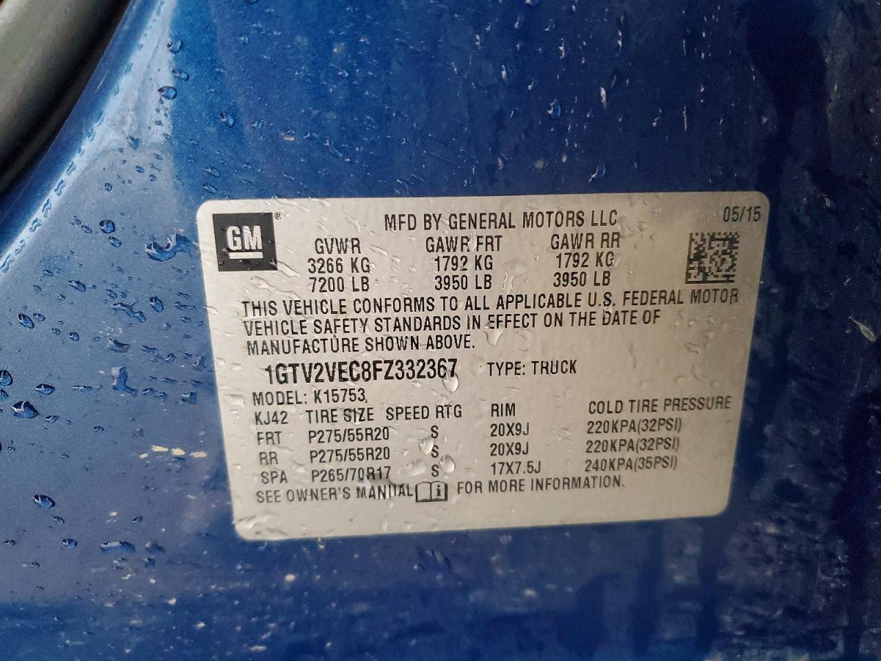 2015 Gmc Sierra K1500 Slt Blue vin: 1GTV2VEC8FZ332367