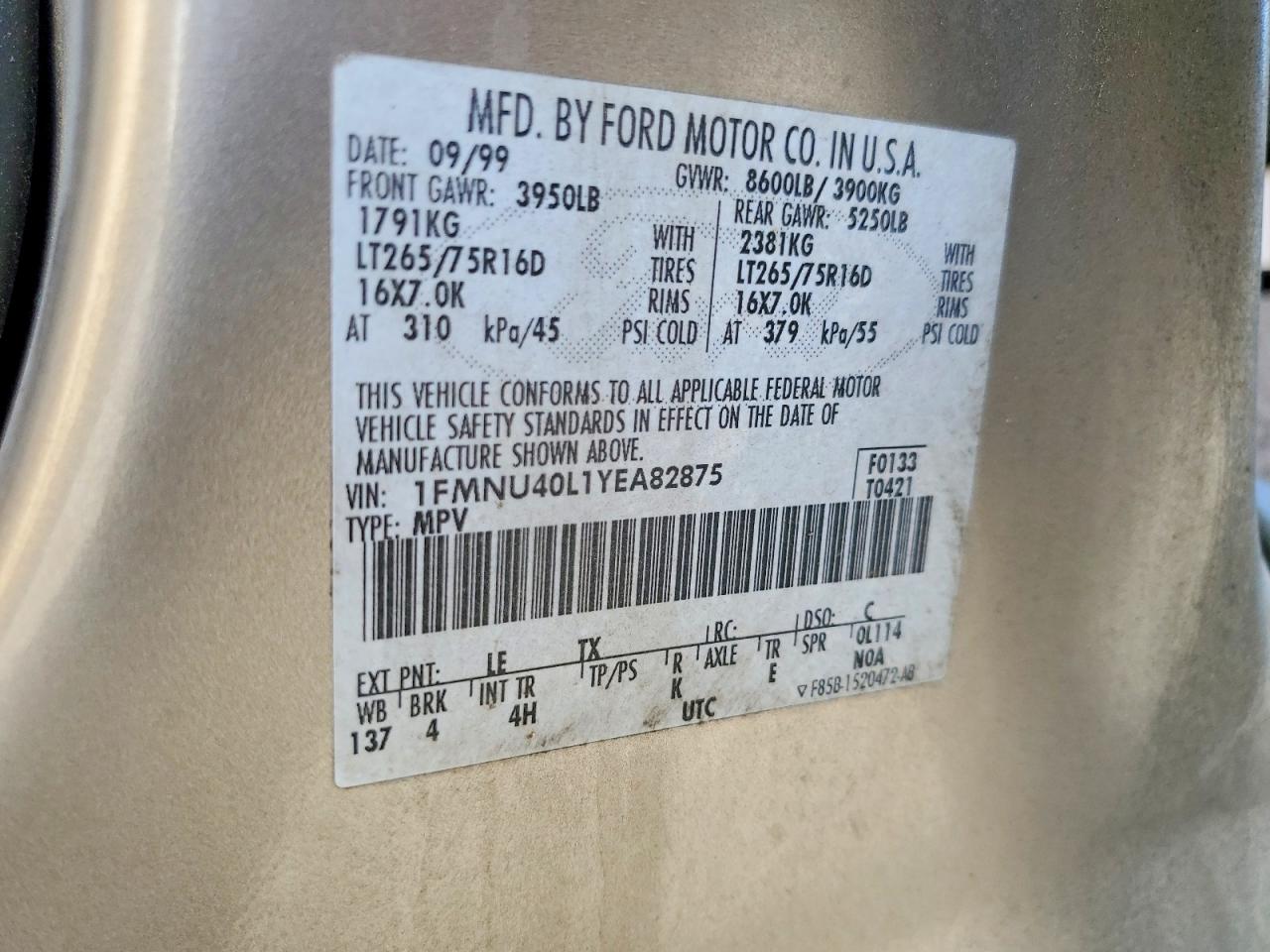 2000 Ford Excursion Xlt Tan vin: 1FMNU40L1YEA82875