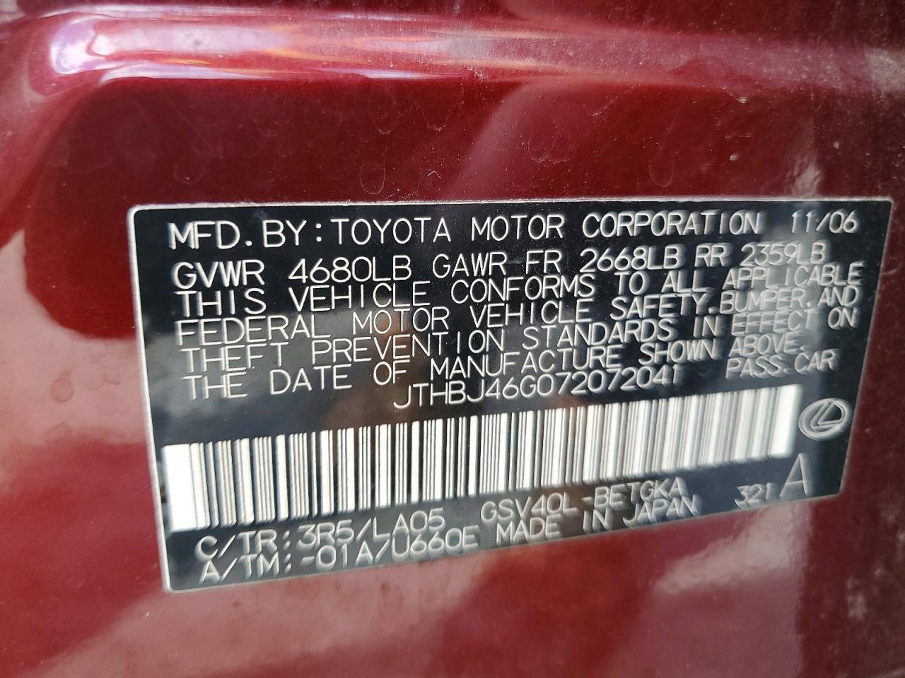 2007 Lexus Es 350 Red vin: JTHBJ46G072072041