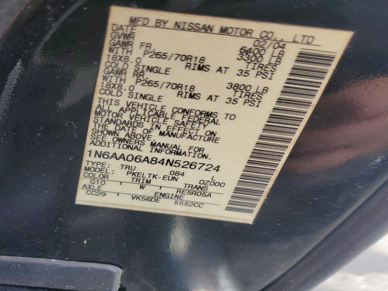 2004 Nissan Titan Xe Черный vin: 1N6AA06A84N526724
