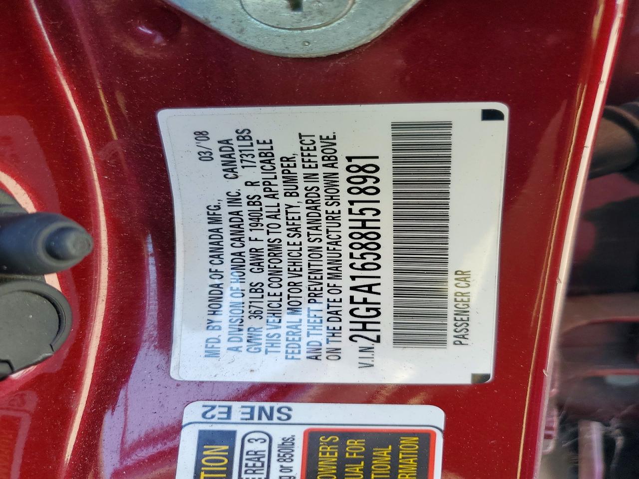 2008 Honda Civic Lx Maroon vin: 2HGFA16588H518981