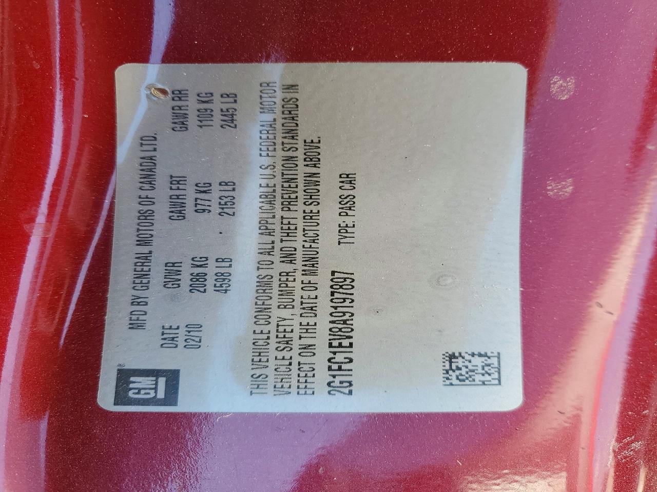 2010 Chevrolet Camaro Burgundy vin: 2G1FC1EV8A9197897