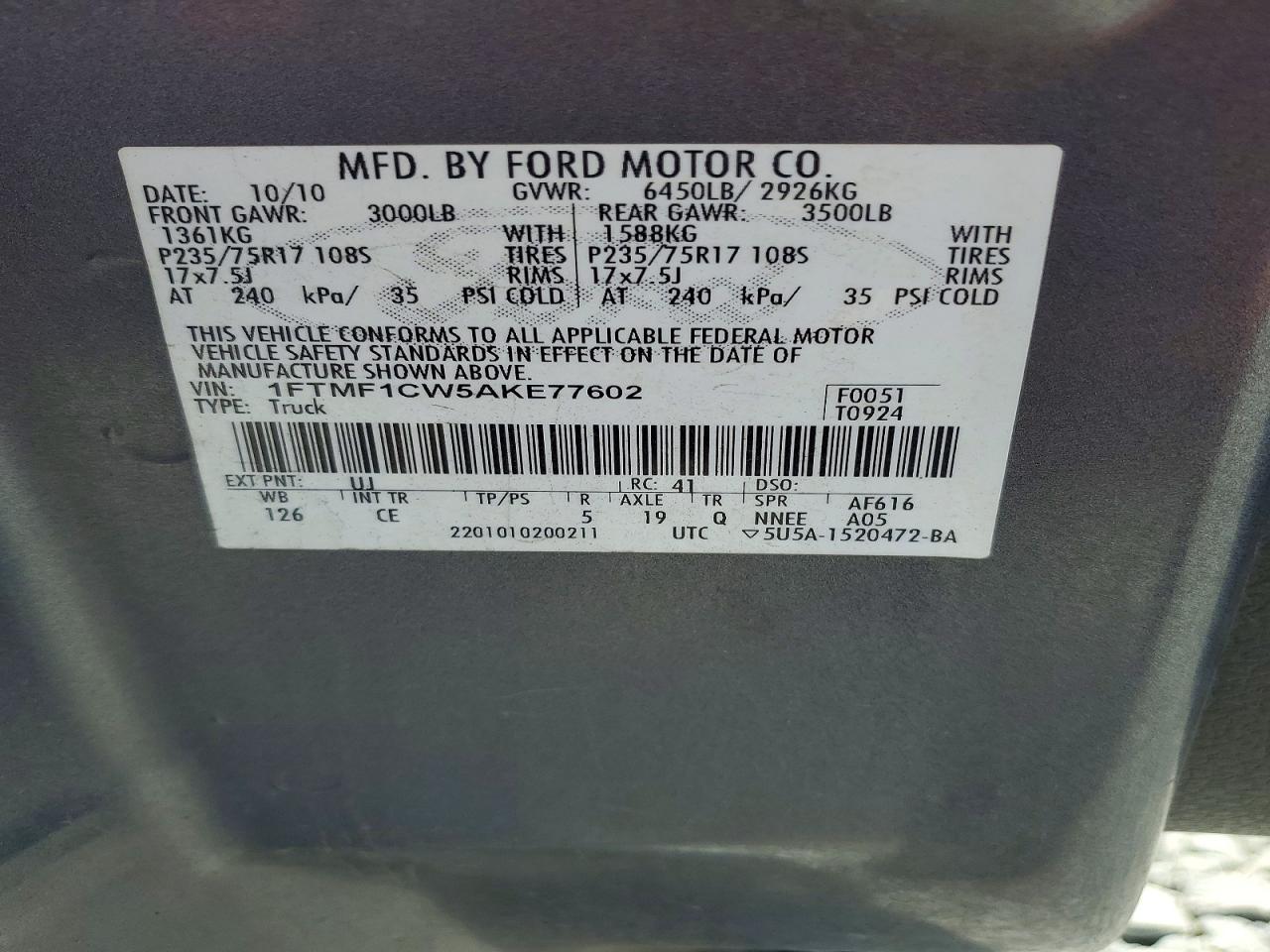 2010 Ford F150 Gray vin: 1FTMF1CW5AKE77602