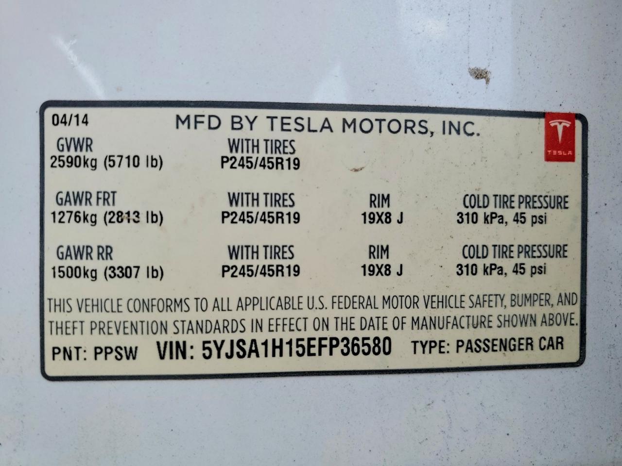 2014 Tesla Model S White vin: 5YJSA1H15EFP36580