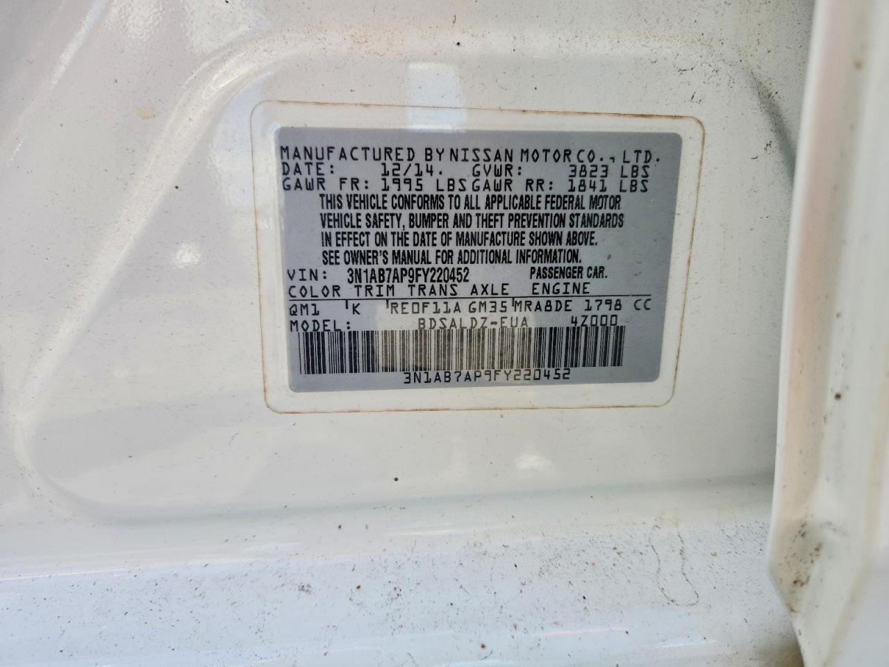 2015 Nissan Sentra Sv White vin: 3N1AB7AP9FY220452