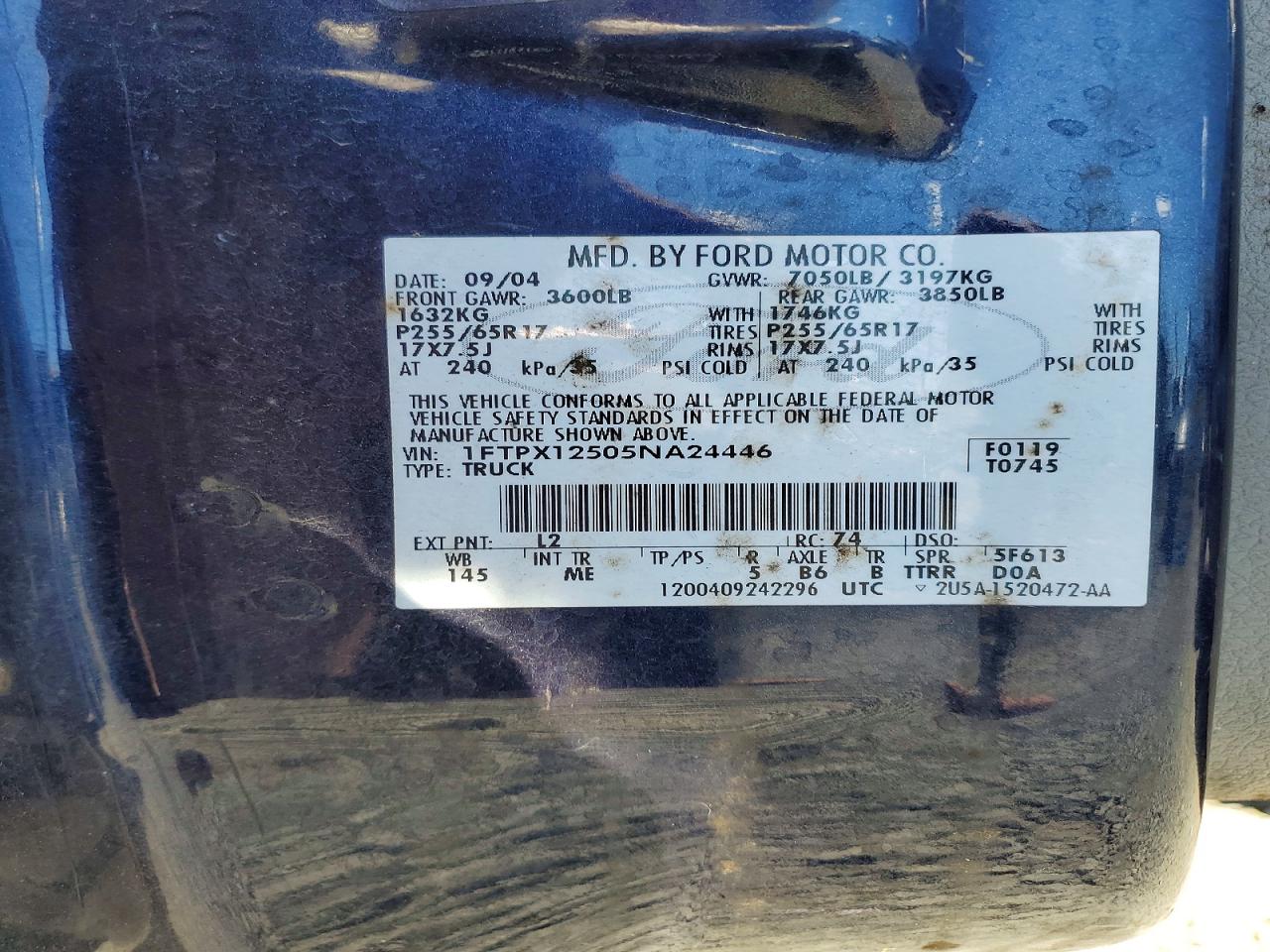 2005 Ford F150 Blue vin: 1FTPX12505NA24446