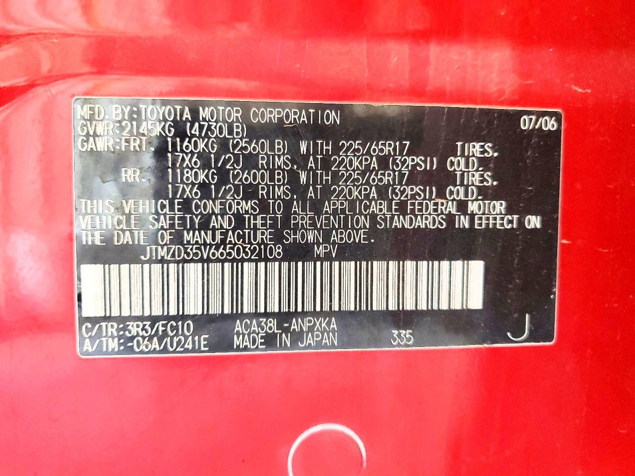 2006 Toyota Rav4 Base Red vin: JTMZD35V665032108