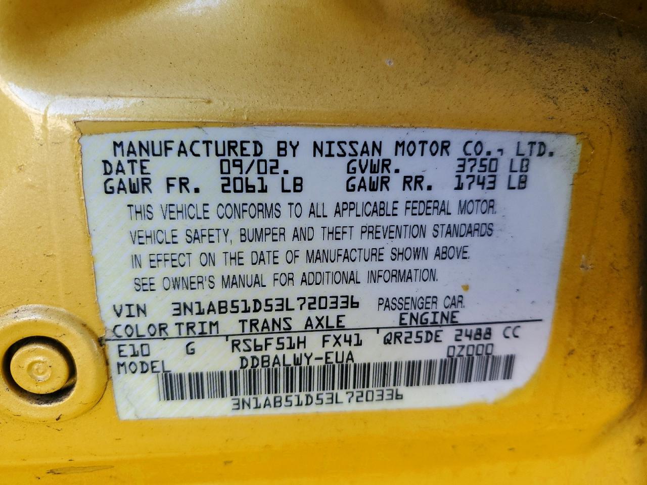 2003 Nissan Sentra Se-r Spec V Yellow vin: 3N1AB51D53L720336