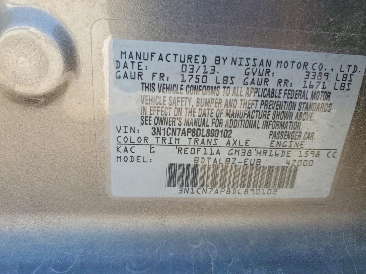 2013 Nissan Versa 1.6 S Gray vin: 3N1CN7AP8DL890102