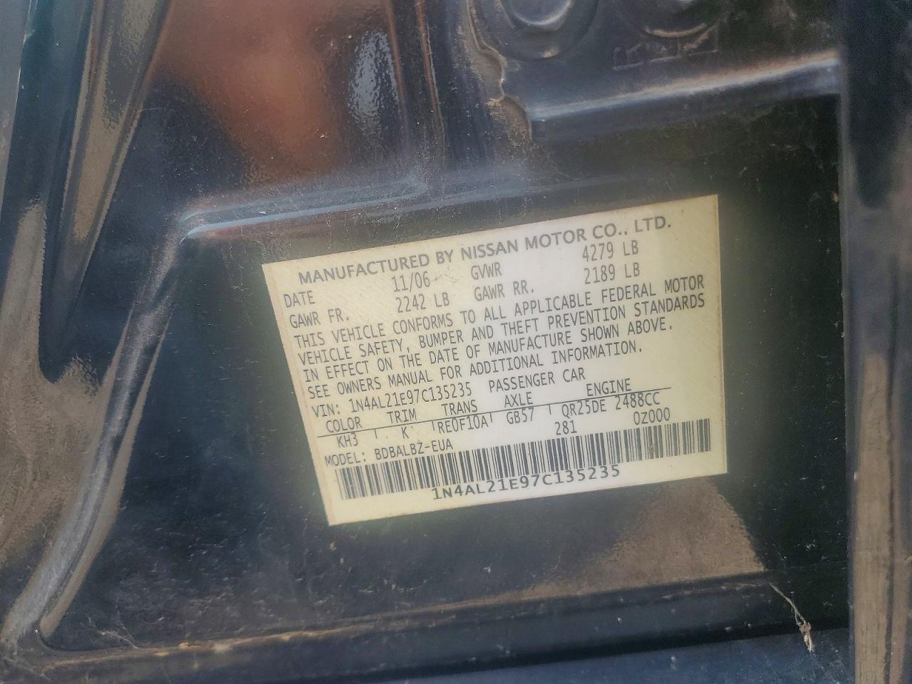 2007 Nissan Altima 2.5 Black vin: 1N4AL21E97C135235