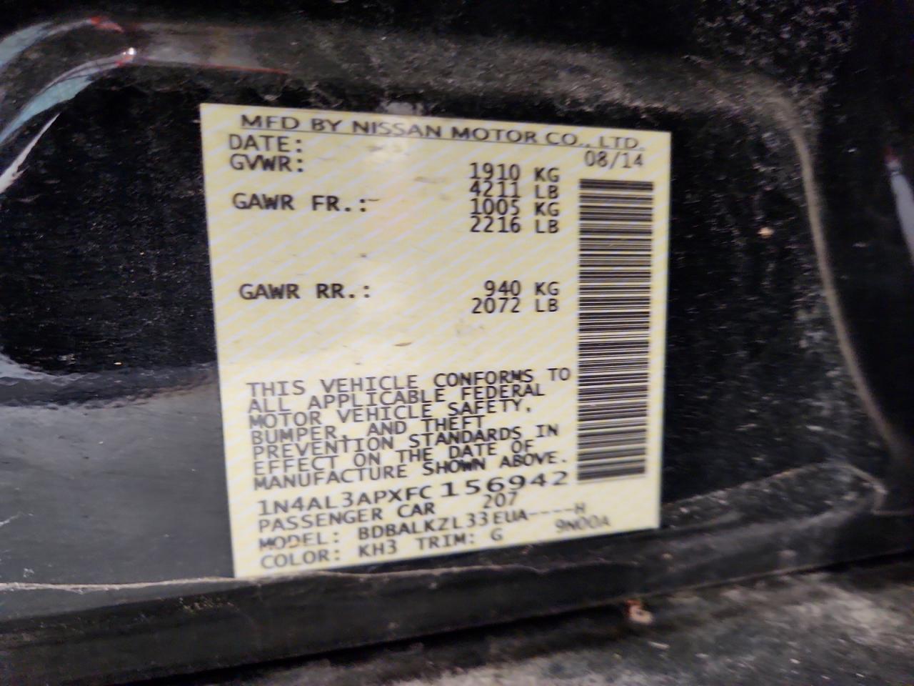 2015 Nissan Altima 2.5 Sv Black vin: 1N4AL3APXFC156942