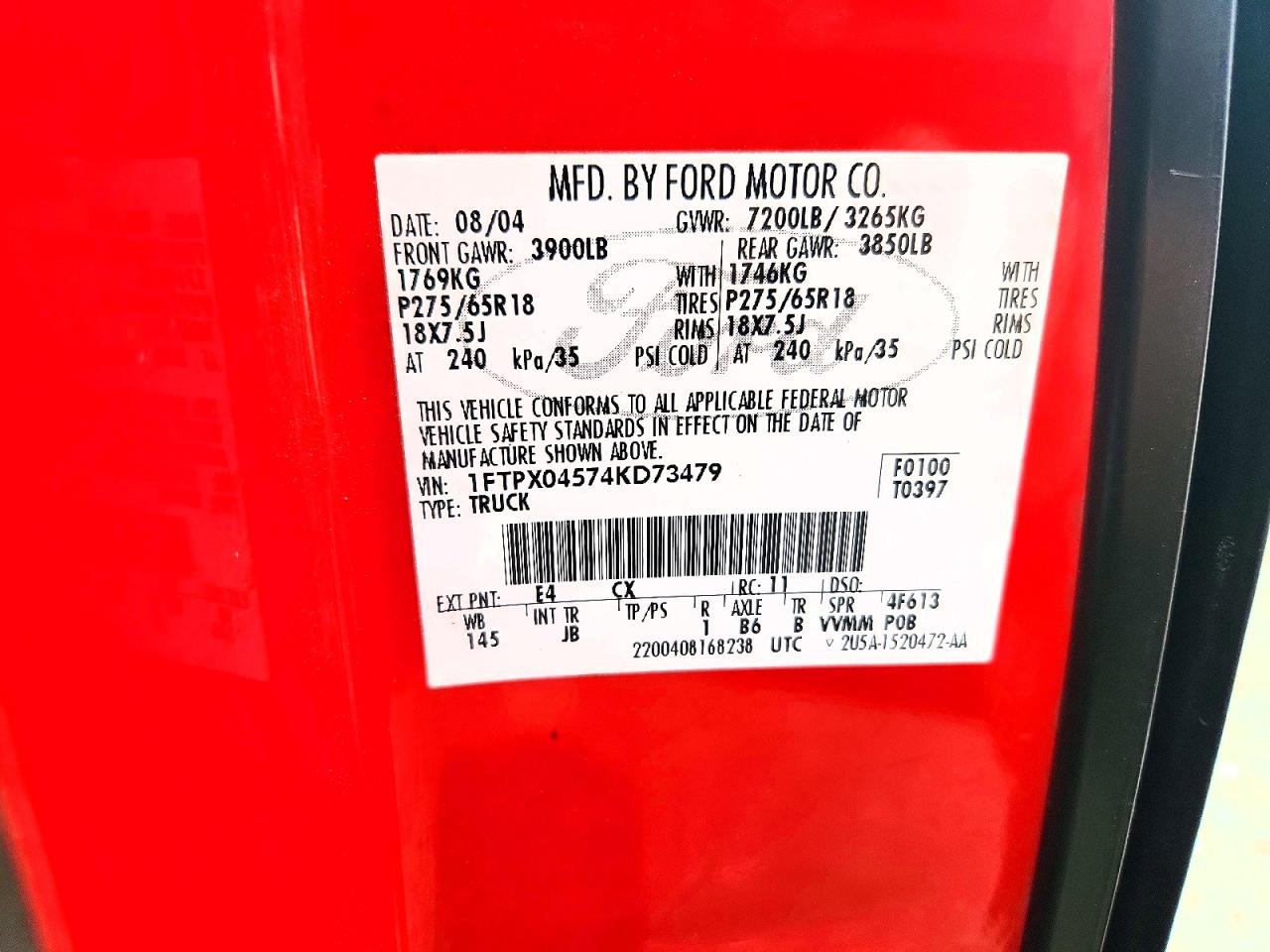 2004 Ford F150 Красный vin: 1FTPX04574KD73479