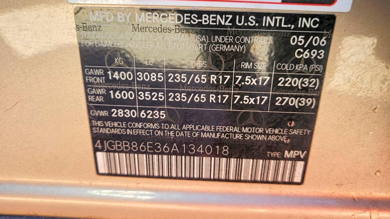 2006 Mercedes-benz Ml 350 Золотой vin: 4JGBB86E36A134018