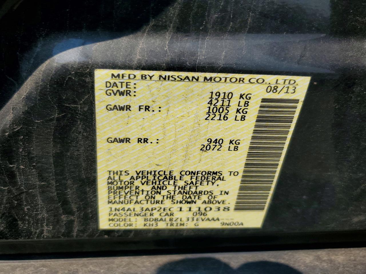 2014 Nissan Altima 2.5 S Charcoal vin: 1N4AL3AP2EC111038