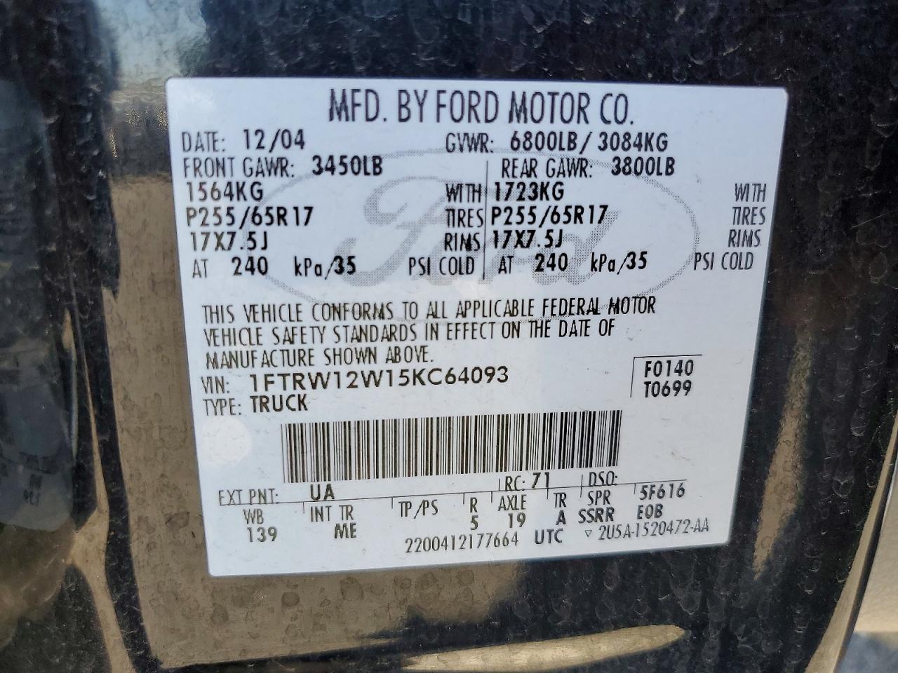 2005 Ford F150 Supercrew Black vin: 1FTRW12W15KC64093