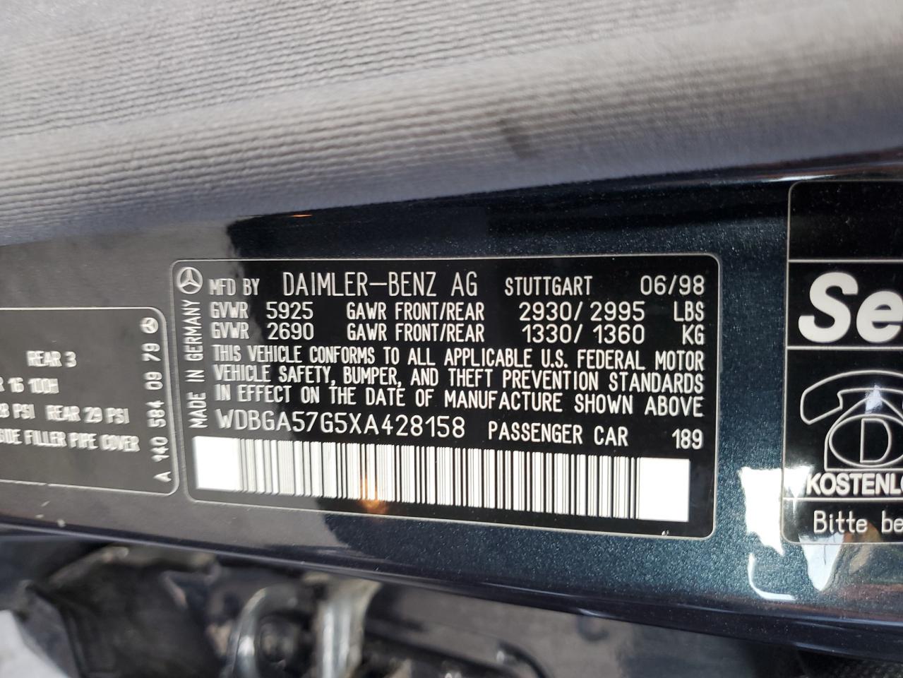 1999 Mercedes-benz S 600 Зеленый vin: WDBGA57G5XA428158