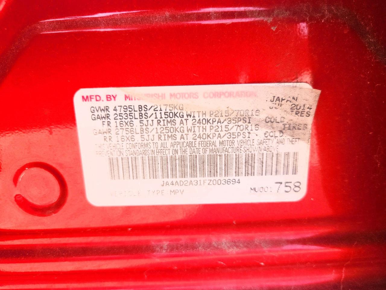2015 Mitsubishi Outlander Es Red vin: JA4AD2A31FZ003694
