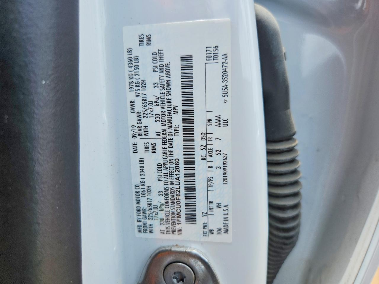 2020 Ford Escape S White vin: 1FMCU0F62LUA12060
