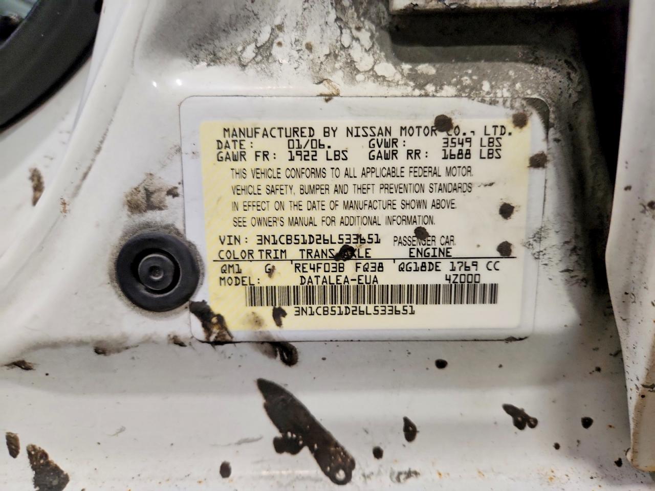 2006 Nissan Sentra 1.8 White vin: 3N1CB51D26L533651