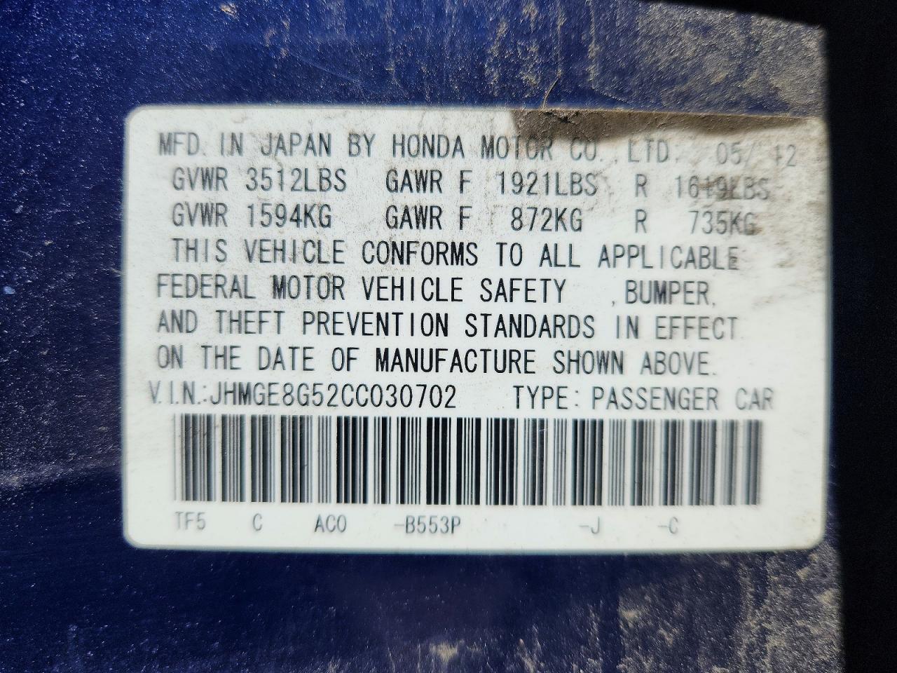 2012 Honda Fit Sport Blue vin: JHMGE8G52CC030702
