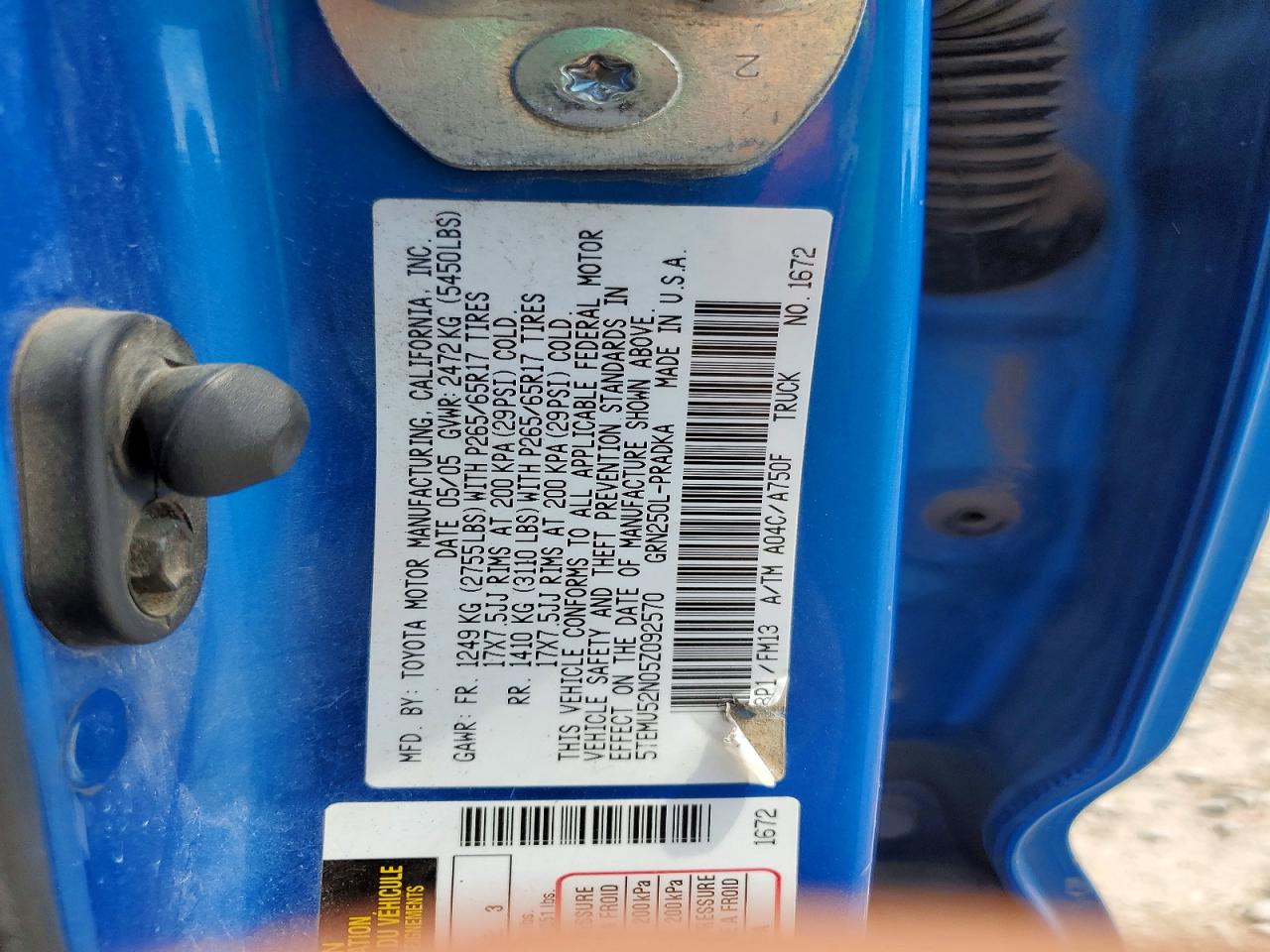 2005 Toyota Tacoma Double Cab Long Bed Blue vin: 5TEMU52N05Z092570