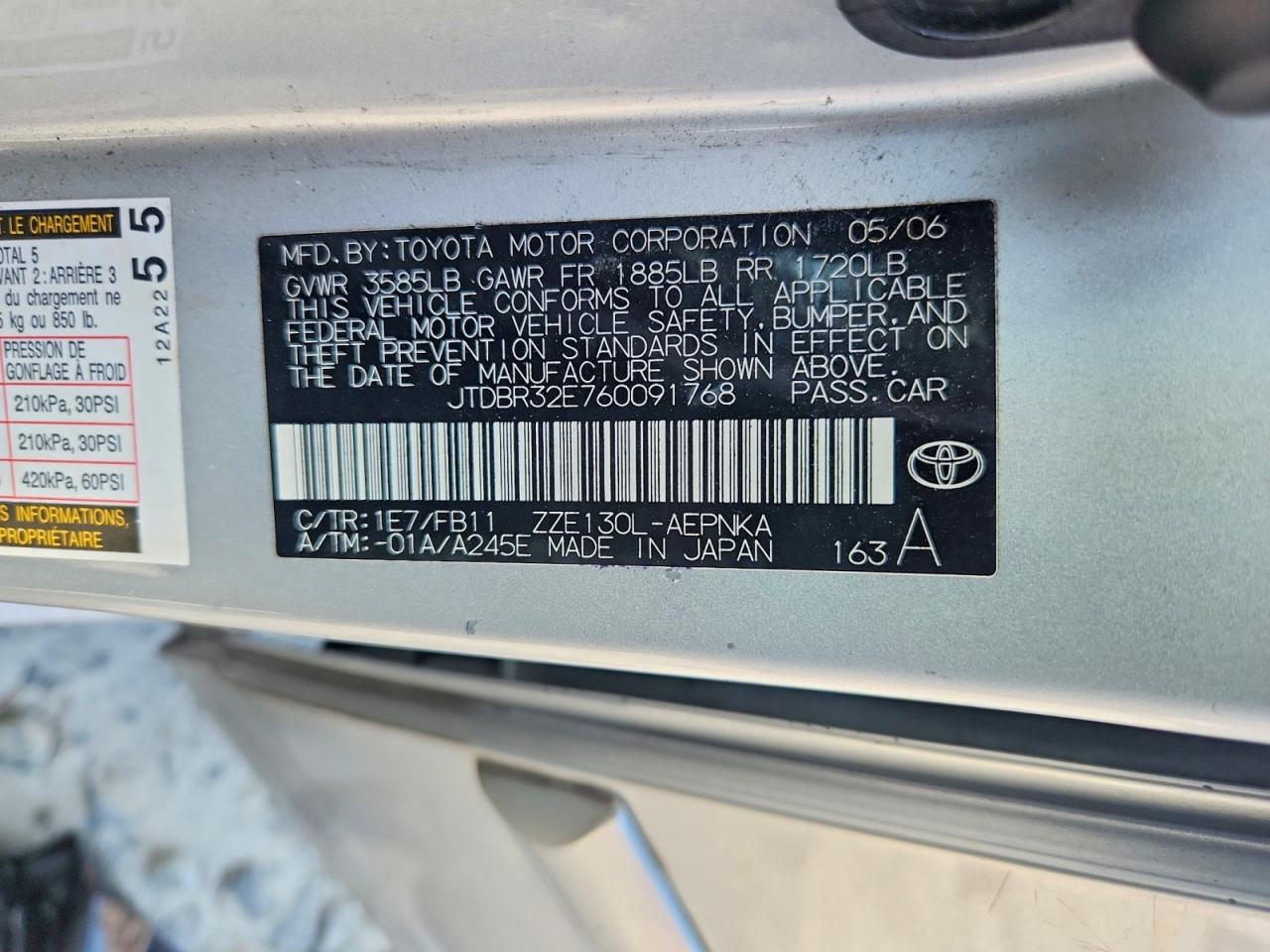 2006 Toyota Corolla Le Silver vin: JTDBR32E760091768