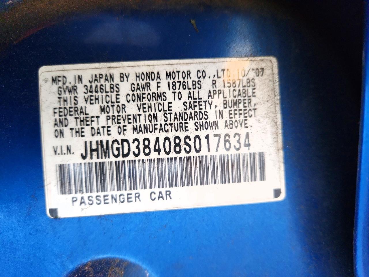 2008 Honda Fit Blue vin: JHMGD38408S017634