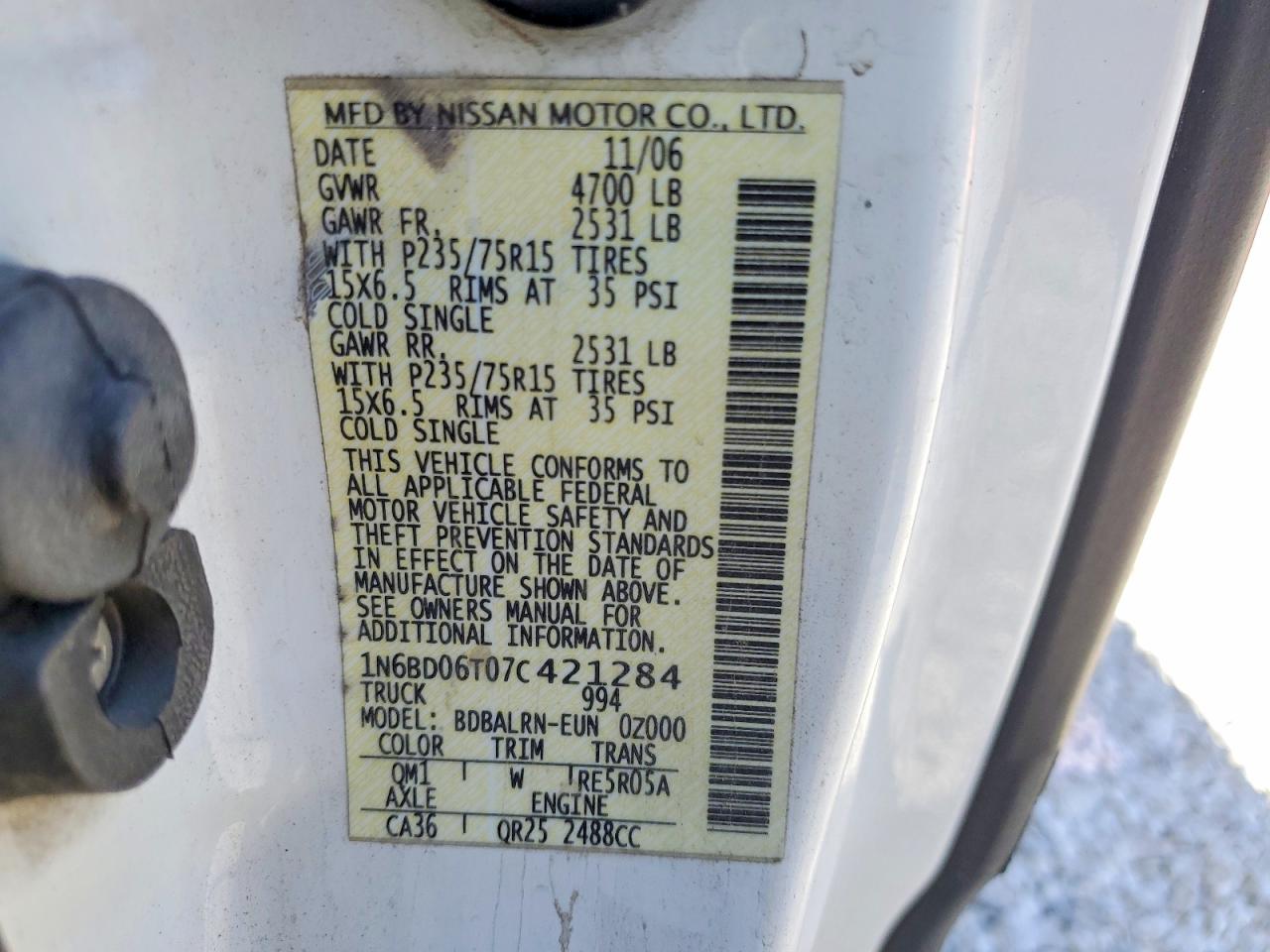 2007 Nissan Frontier King Cab Xe White vin: 1N6BD06T07C421284