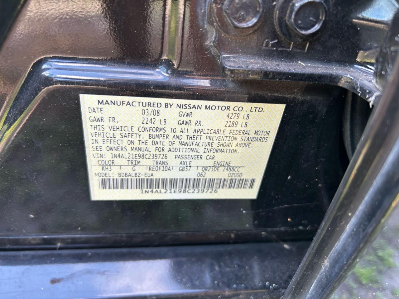 2008 Nissan Altima 2.5 Black vin: 1N4AL21E98C239726