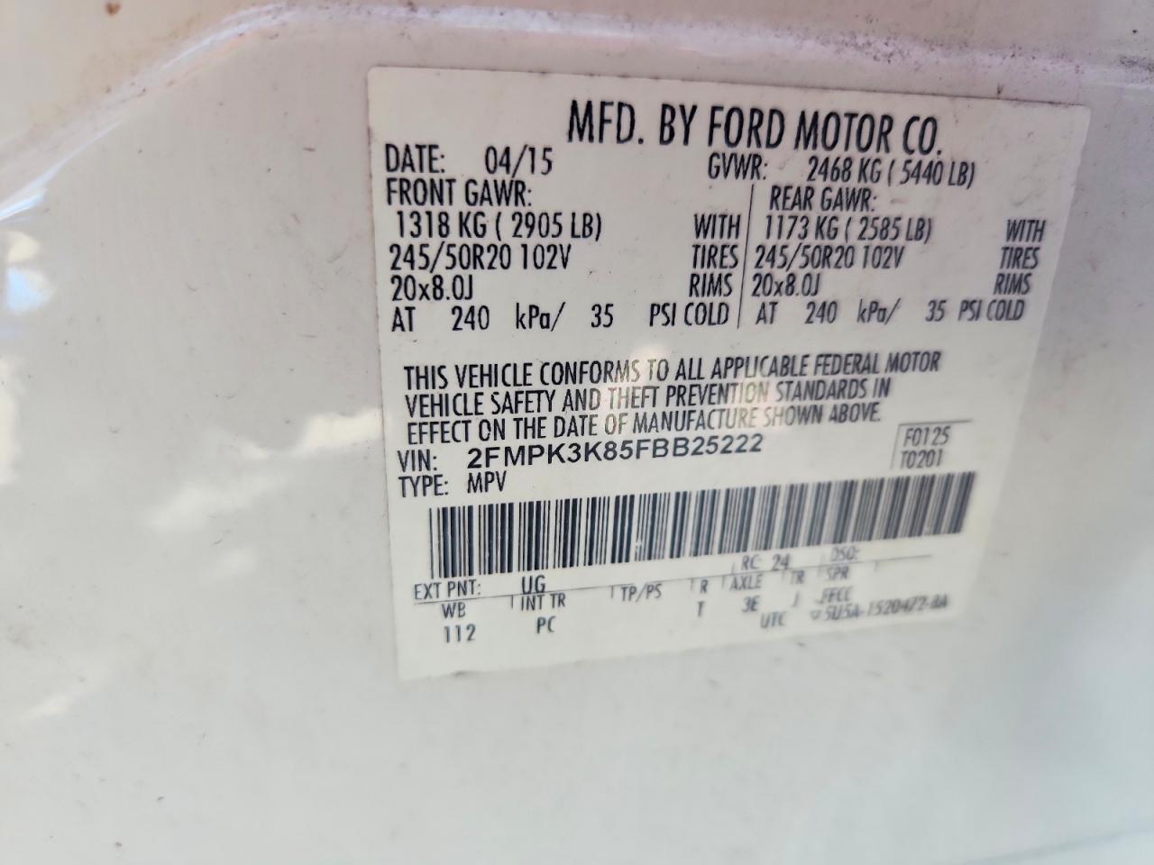 2015 Ford Edge Titanium White vin: 2FMPK3K85FBB25222