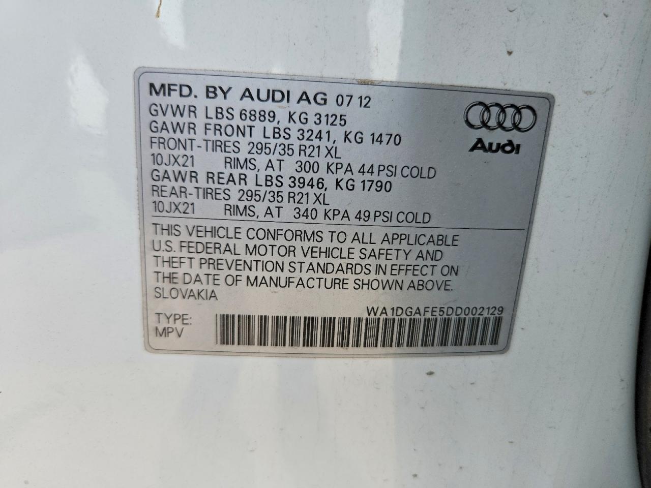 2013 Audi Q7 Prestige White vin: WA1DGAFE5DD002129