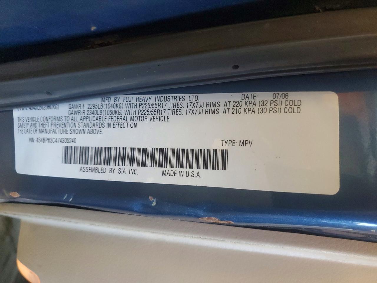 2007 Subaru Legacy Outback Синий vin: 4S4BP63C474305240
