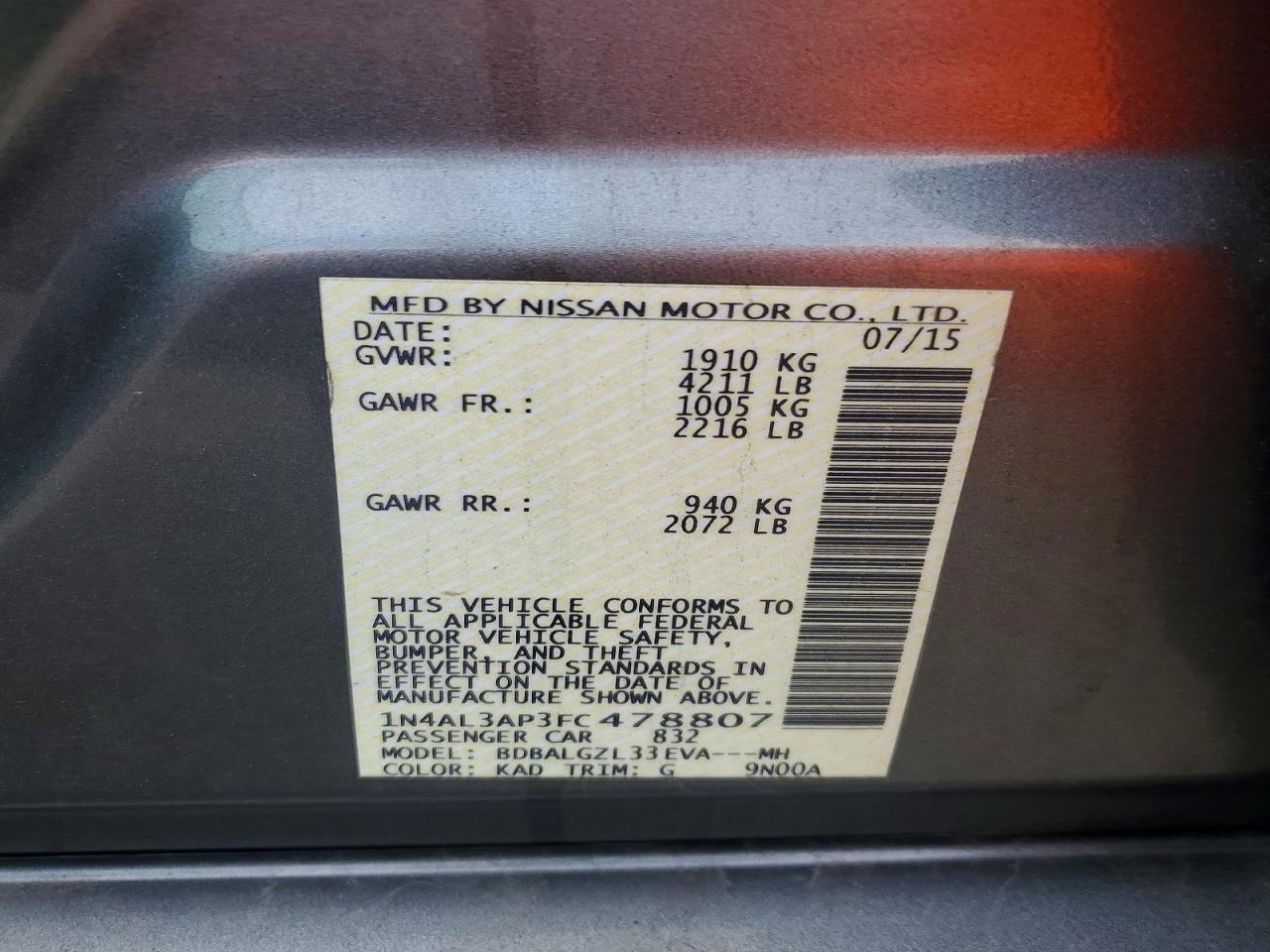 2015 Nissan Altima 2.5 S Gray vin: 1N4AL3AP3FC478807