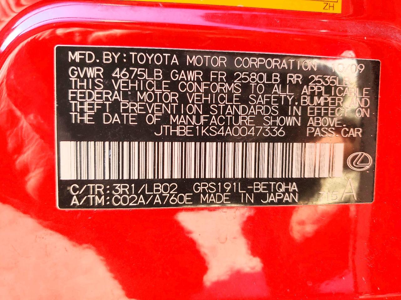 2010 Lexus Gs 350 Red vin: JTHBE1KS4A0047336