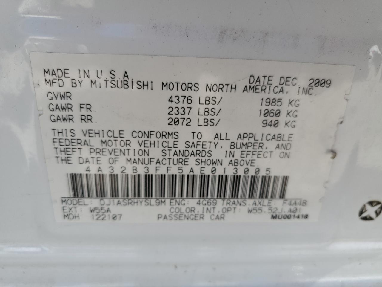 2010 Mitsubishi Galant Es White vin: 4A32B3FF5AE013005
