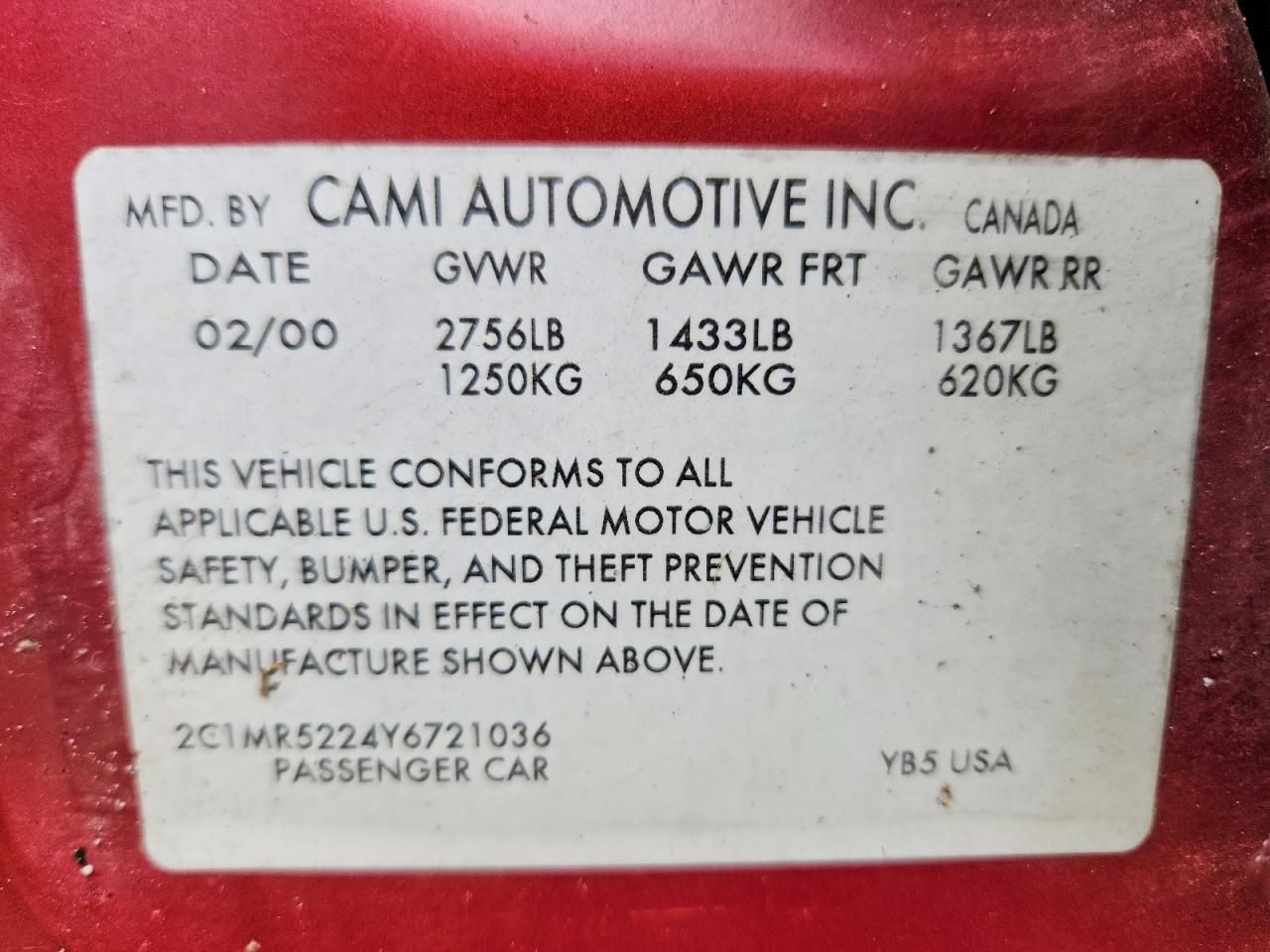 2000 Chevrolet Metro Lsi Бордовый vin: 2C1MR5224Y6721036