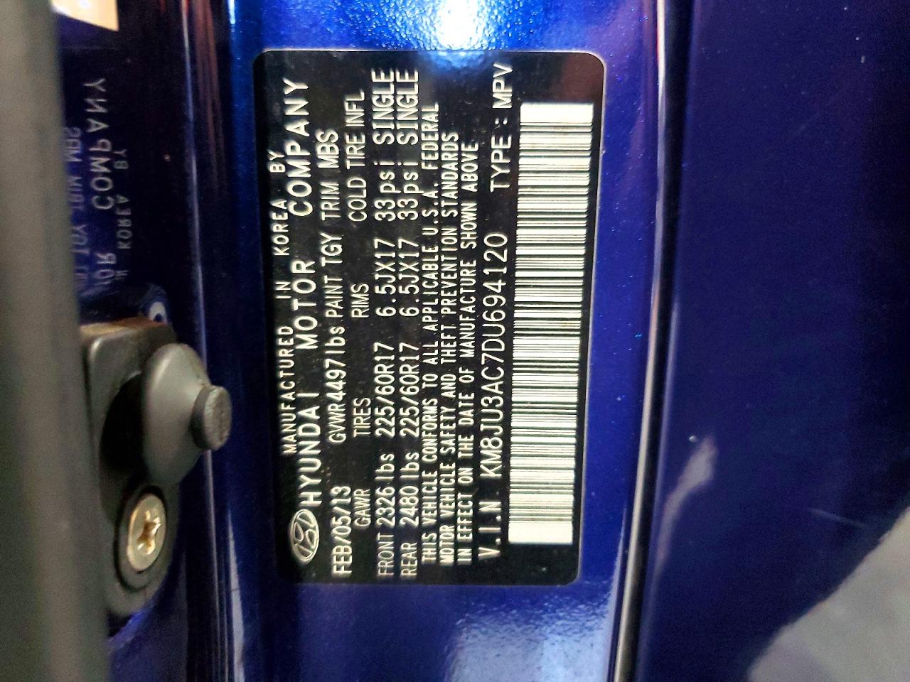 2013 Hyundai Tucson Gls Blue vin: KM8JU3AC7DU694120