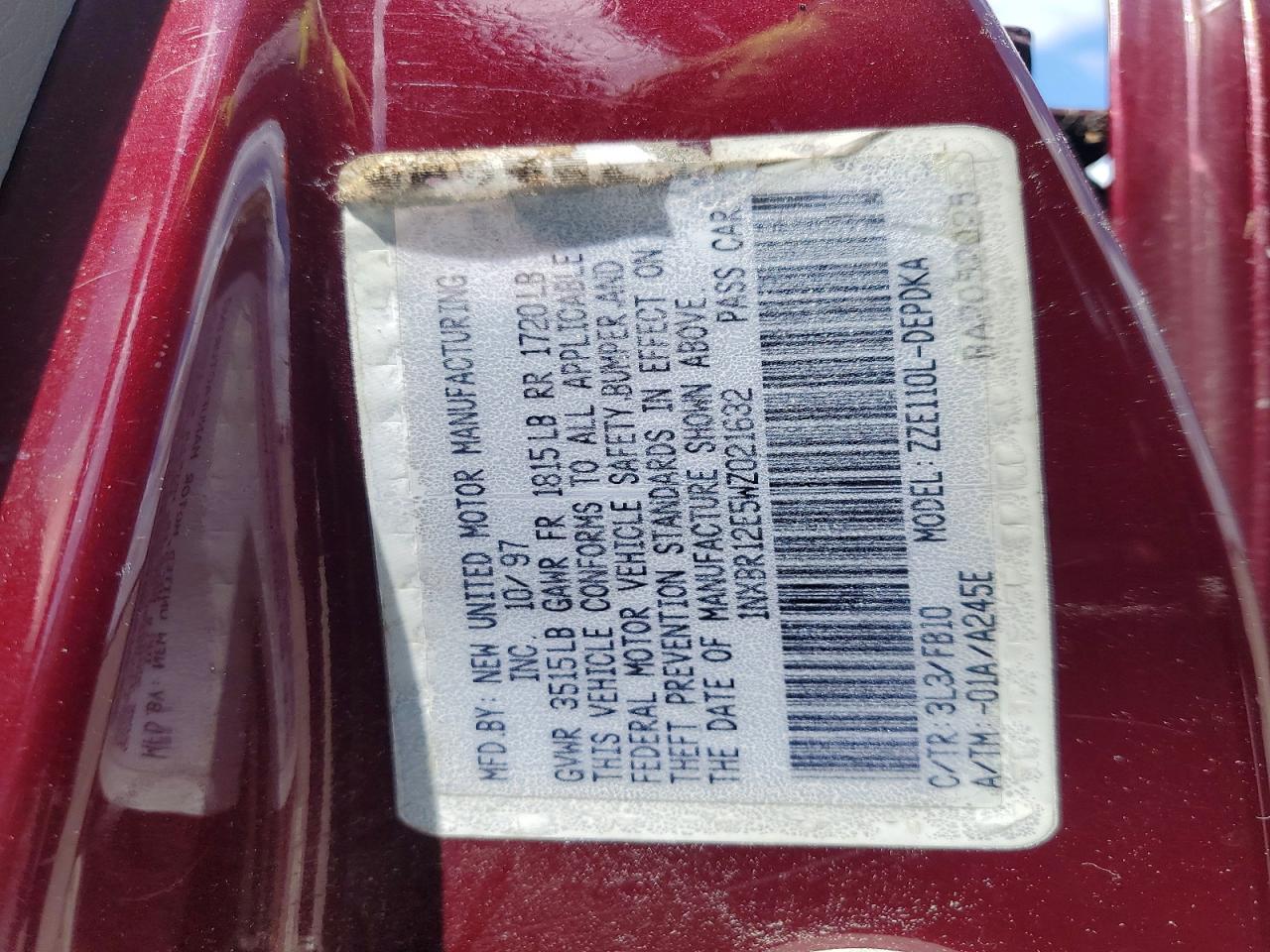 1998 Toyt Corolla Burgundy vin: 1NXBR12E5WZ021632